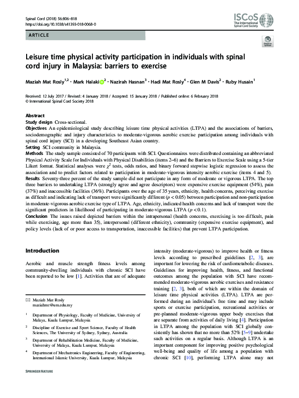(PDF) Leisure time physical activity participation in individuals with ...