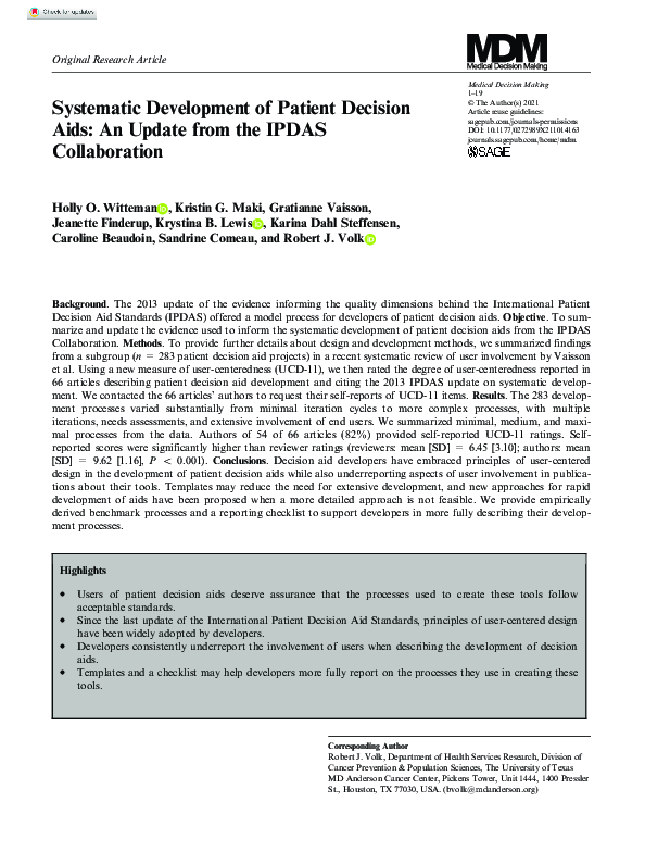 (PDF) Systematic Development of Patient Decision Aids: An Update from ...