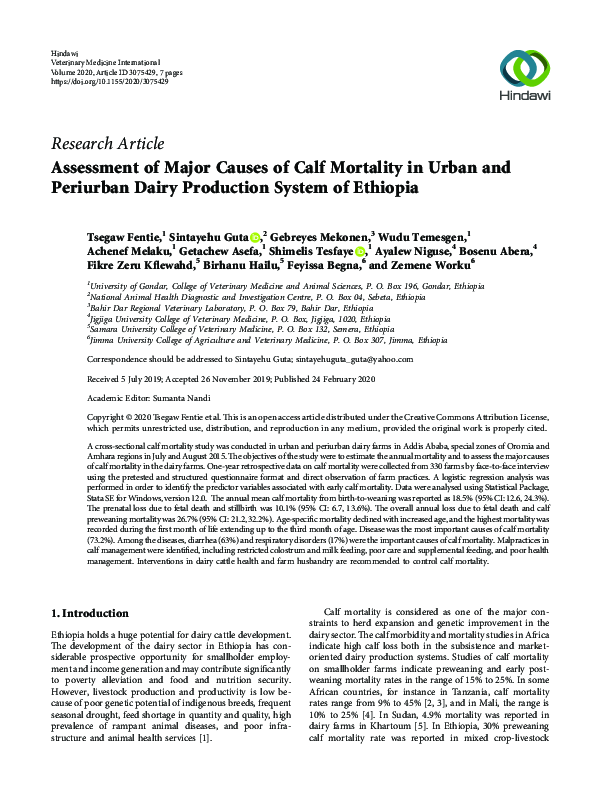 (PDF) Assessment of Major Causes of Calf Mortality in Urban and ...