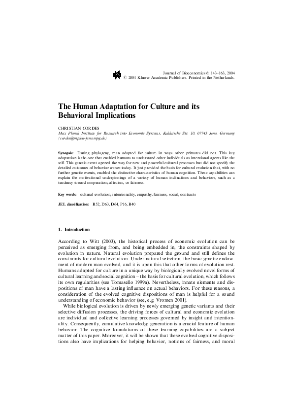 (PDF) The Human Adaptation for Culture and its Behavioral Implications
