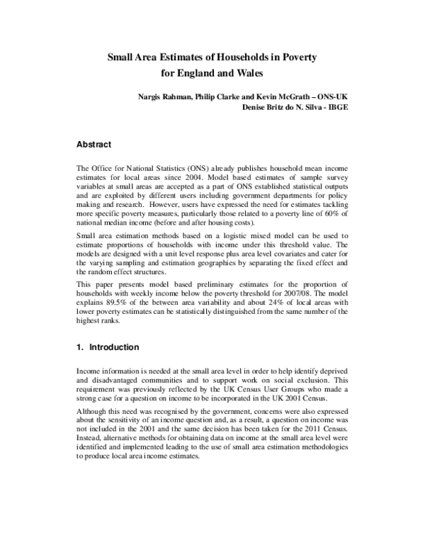(PDF) Small Area Estimates of Households in Poverty for England and Wales