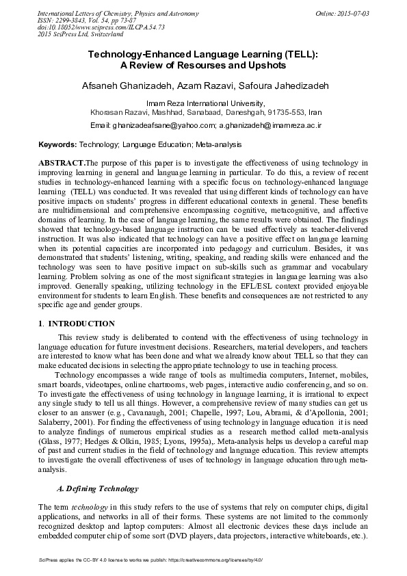(PDF) Technology-Enhanced Language Learning (TELL): A Review of