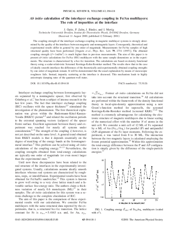 (PDF) Ab initiocalculation of the interlayer exchange coupling in Fe/Au ...