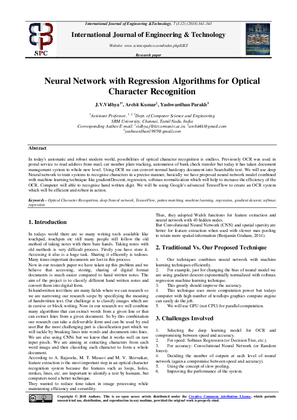 (PDF) Neural Network with Regression Algorithms for Optical Character ...