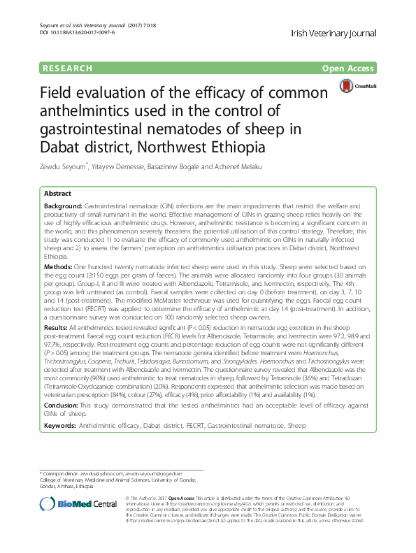 (PDF) Field evaluation of the efficacy of common anthelmintics used in ...
