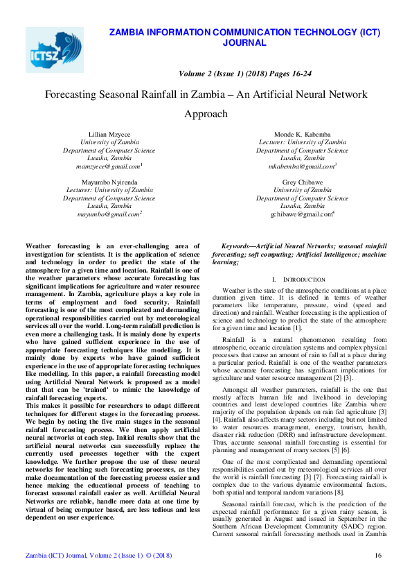 (PDF) Forecasting Seasonal Rainfall in Zambia – An Artificial Neural ...
