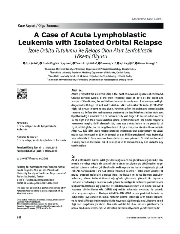 (PDF) A Case of Acute Lymphoblastic Leukemia with Isolated Orbital Relapse