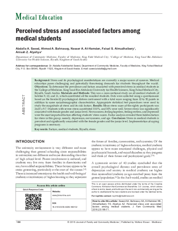 (PDF) Perceived stress and associated factors among medical students