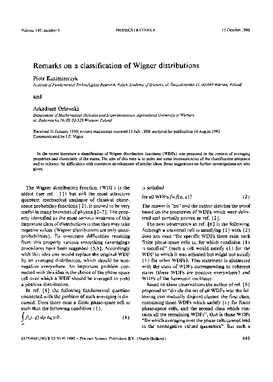 (PDF) Remarks on a classification of Wigner distributions