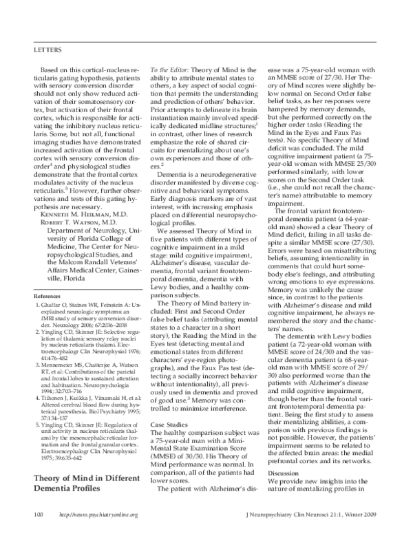 (PDF) Theory of Mind in Different Dementia Profiles
