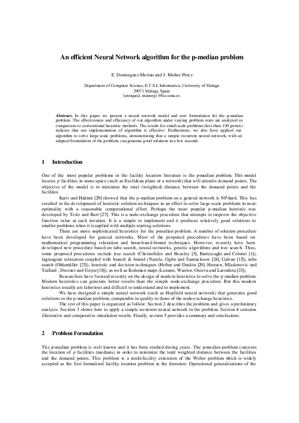 (PDF) An Efficient Neural Network Algorithm for the p-Median Problem