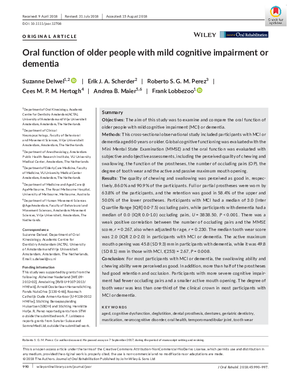 (PDF) Oral function of older people with Mild Cognitive Impairment or ...