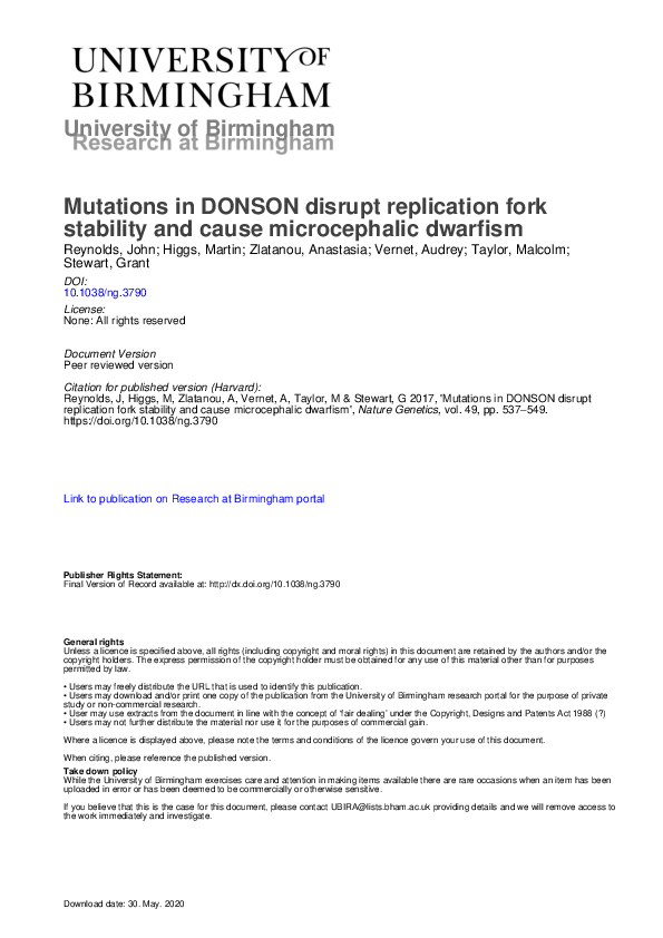 (PDF) Mutations in DONSON disrupt replication fork stability and cause ...