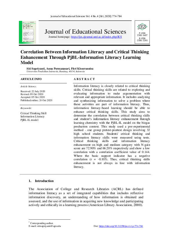 (PDF) Correlation Between Information Literacy and Critical Thinking ...