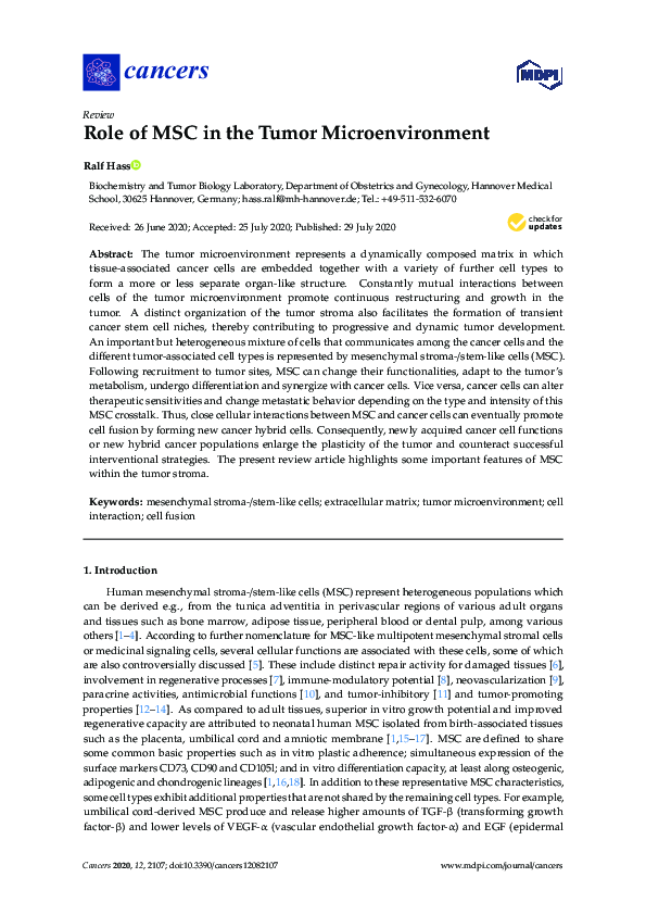 (PDF) Role of MSC in the Tumor Microenvironment