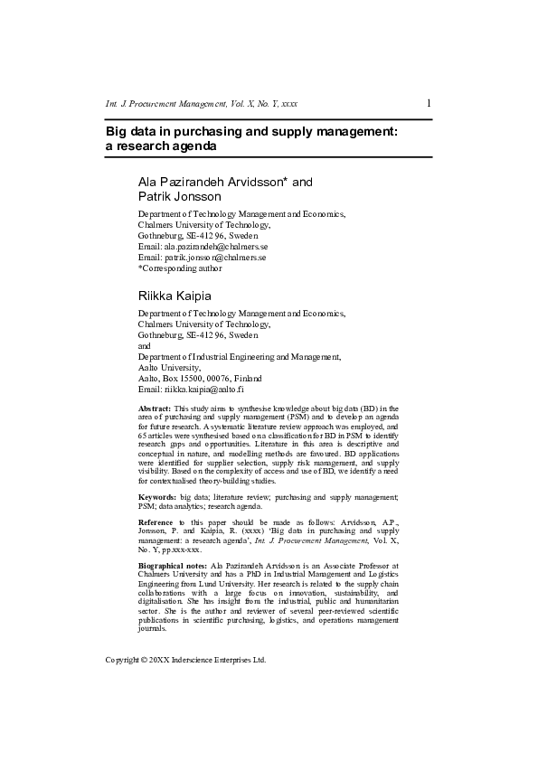 (PDF) Big data in purchasing and supply management: A research agenda ...