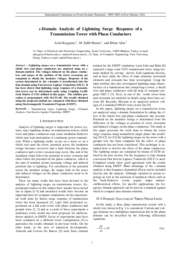 (PDF) s-Domain analysis of lightning surge response of a transmission ...