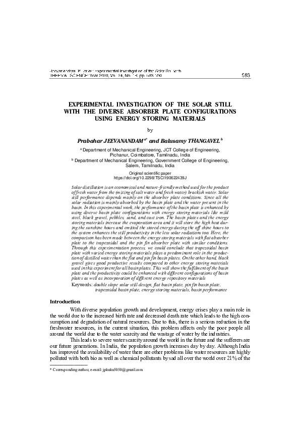 (PDF) Experimental Investigation of a Solar Still with and without ...