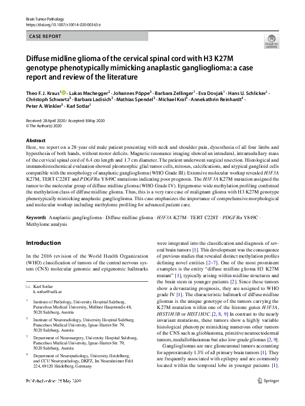 (PDF) Diffuse midline glioma of the cervical spinal cord with H3 K27M ...