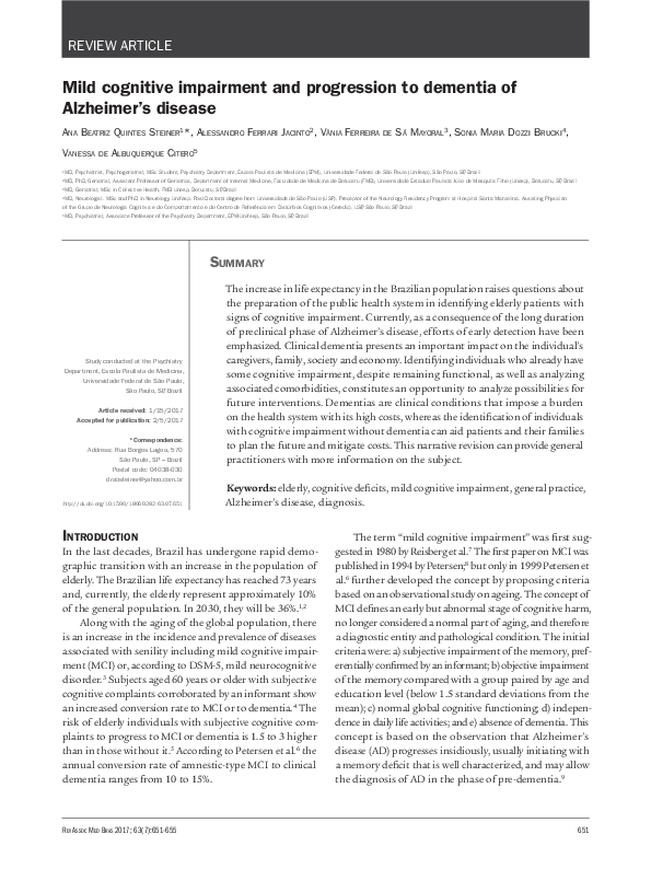 (PDF) Mild cognitive impairment and progression to dementia of ...