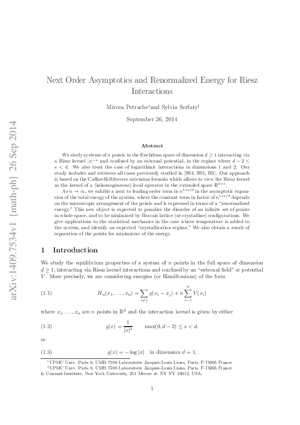 (PDF) Next Order Asymptotics and Renormalized Energy for Riesz Interactions