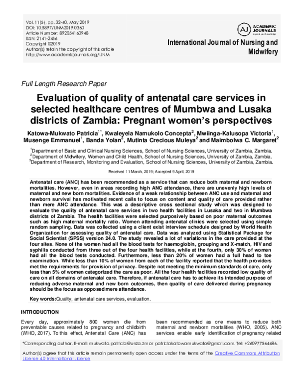 (PDF) Evaluation of quality of antenatal care services in selected ...