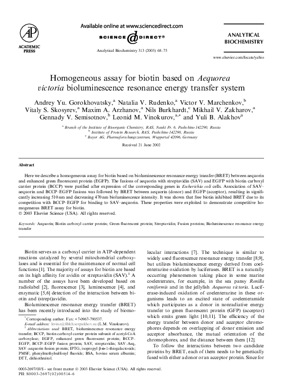 (PDF) Homogeneous assay for biotin based on Aequorea victoria ...