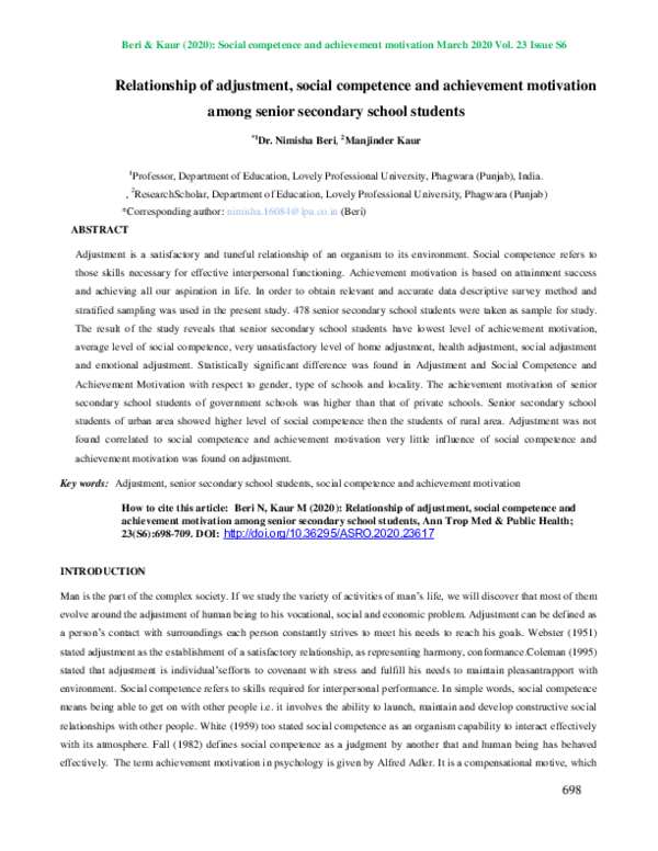 (PDF) Relationship of adjustment, social competence and achievement ...