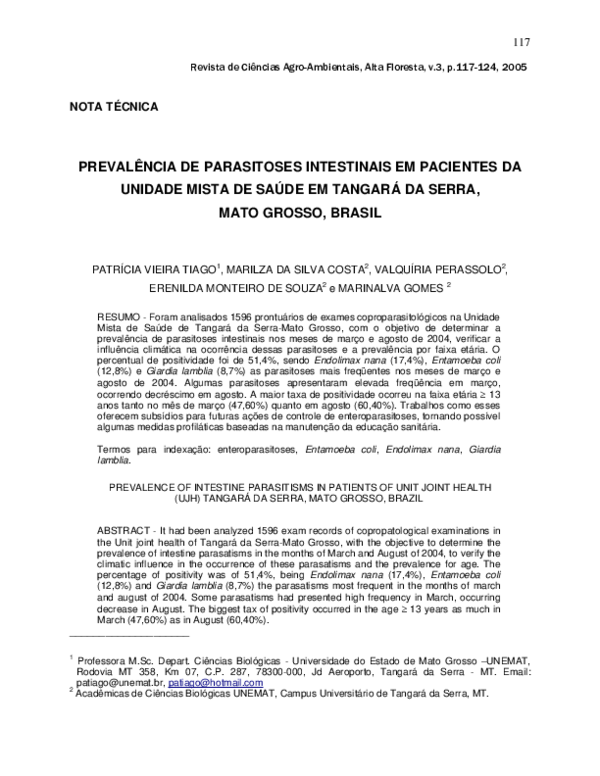 Prevalência De Parasitoses Intestinais Em Pacientes Da Unidade Mista De Saúde Em Tangará Da Serra, Mato Grosso, Brasil