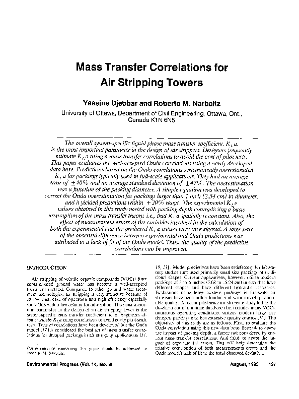 (PDF) Mass transfer correlations for air stripping towers