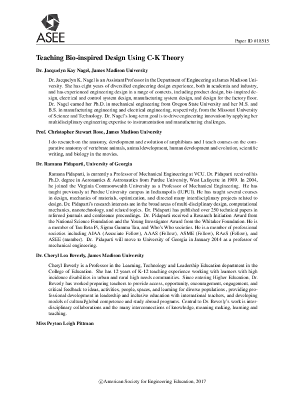 (PDF) Teaching bioinspired design using C–K theory | Cheri Beverly ...