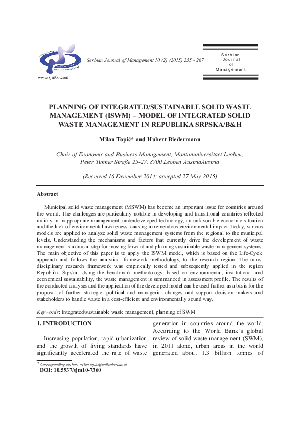(PDF) Planning of integrated/sustainable solid waste management (ISWM ...