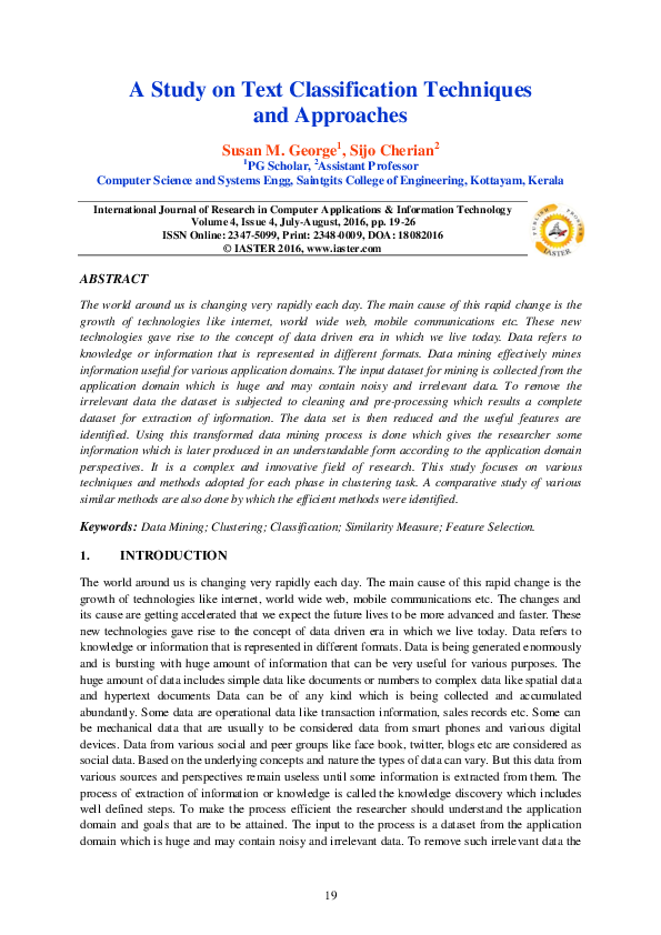 (PDF) A Study on Text Classification Techniques and Approaches