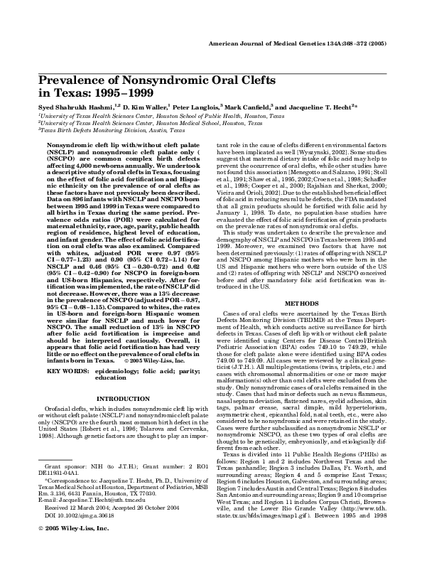 (PDF) Prevalence of nonsyndromic oral clefts in Texas: 1995-1999