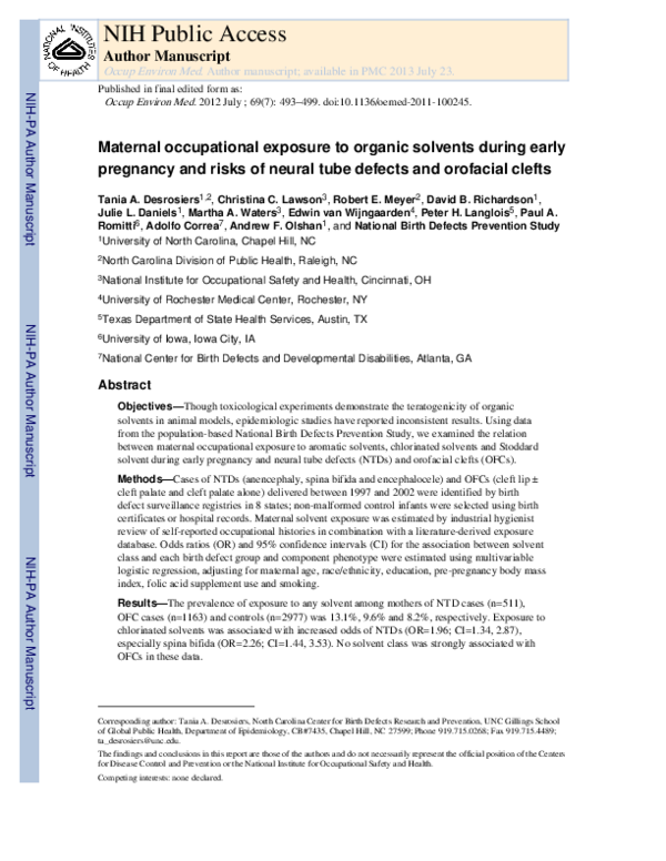 (PDF) Maternal occupational exposure to organic solvents during early ...
