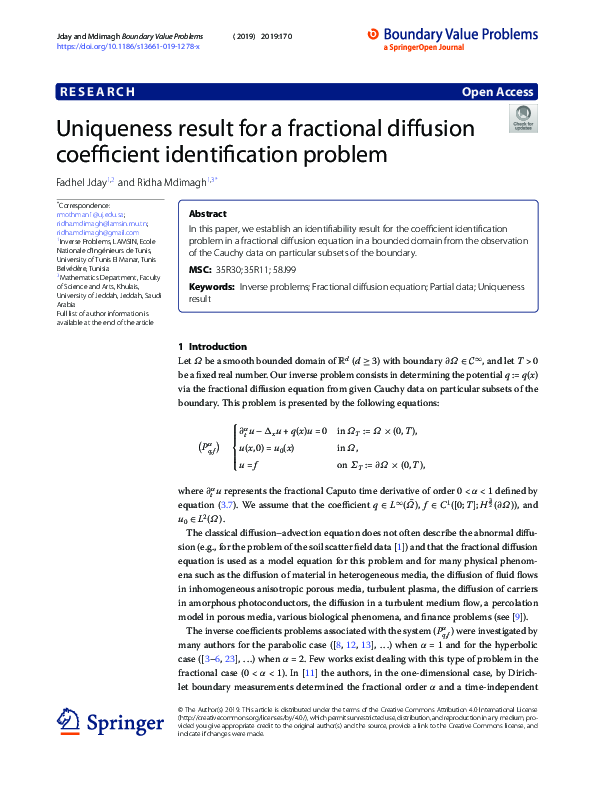 (PDF) Uniqueness result for a fractional diffusion coefficient ...