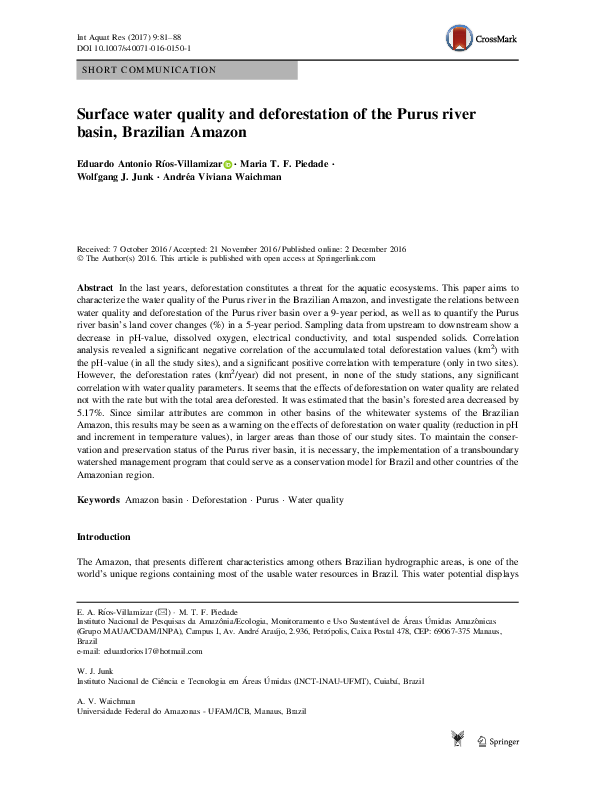 (PDF) Surface water quality and deforestation of the Purus river basin ...