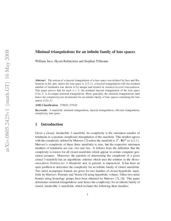 (PDF) Minimal triangulations for an infinite family of lens spaces