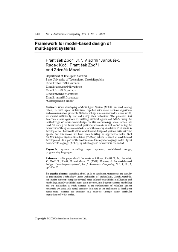 (PDF) Framework for model-based design of multi-agent systems