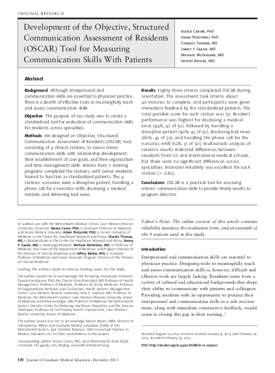 (PDF) Development of the Objective, Structured Communication Assessment ...