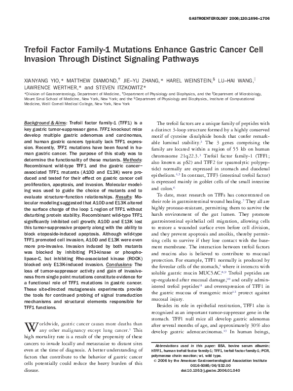 (PDF) Trefoil Factor Family-1 Mutations Enhance Gastric Cancer Cell ...