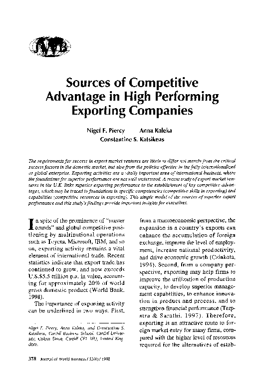 (PDF) Sources of competitive advantage in high performing exporting ...