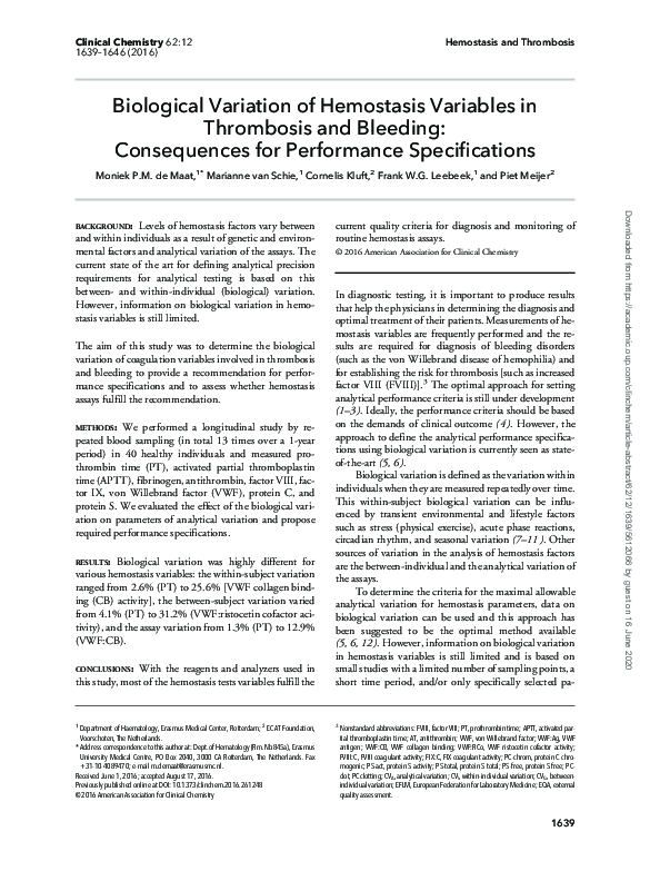 (PDF) Biological Variation of Hemostasis Variables in Thrombosis and ...