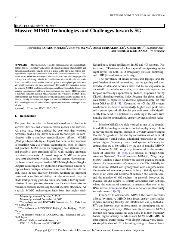 (PDF) Massive MIMO Technologies and Challenges towards 5G