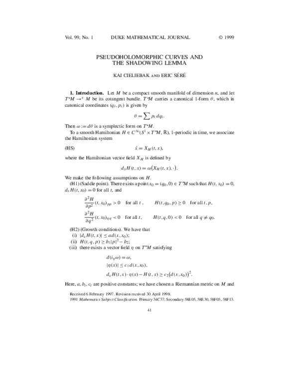 (PDF) Pseudoholomorphic curves and the shadowing lemma E. S'Er'E