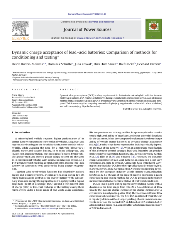 (PDF) Dynamic charge acceptance of leadacid batteries Comparison of