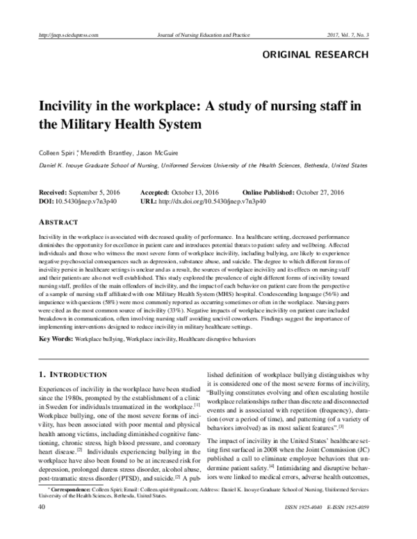 (PDF) Incivility in the workplace: A study of nursing staff in the ...