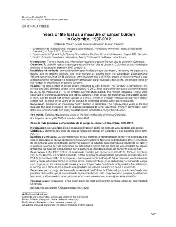 (PDF) [Years of life lost as a measure of cancer burden in Colombia ...