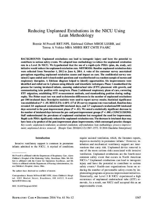 (PDF) Reducing Unplanned Extubations in the NICU Using Lean Methodology