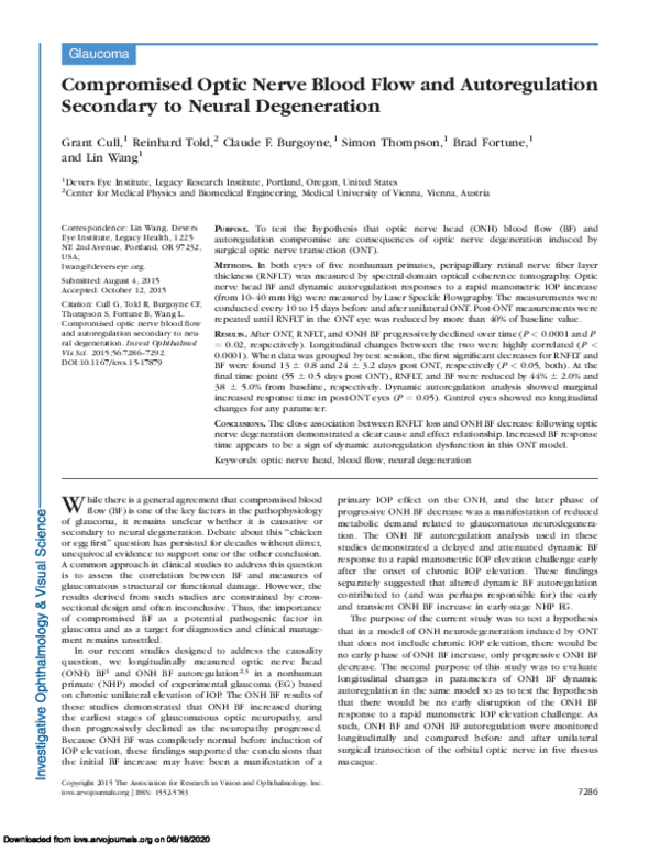 (PDF) Compromised Optic Nerve Blood Flow and Autoregulation Secondary ...